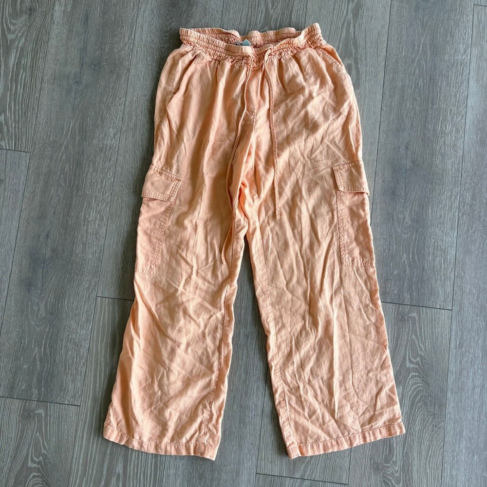 Blue Sol Peach Orange Linen Blend Cargo Pants Wide Leg Drawstring Womens Medium